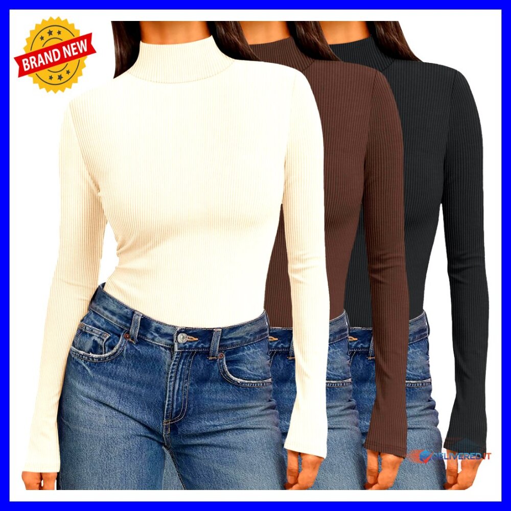 3 Pack Ribbed Thermal Turtleneck Tops Long Sleeve Layer Tees Women's